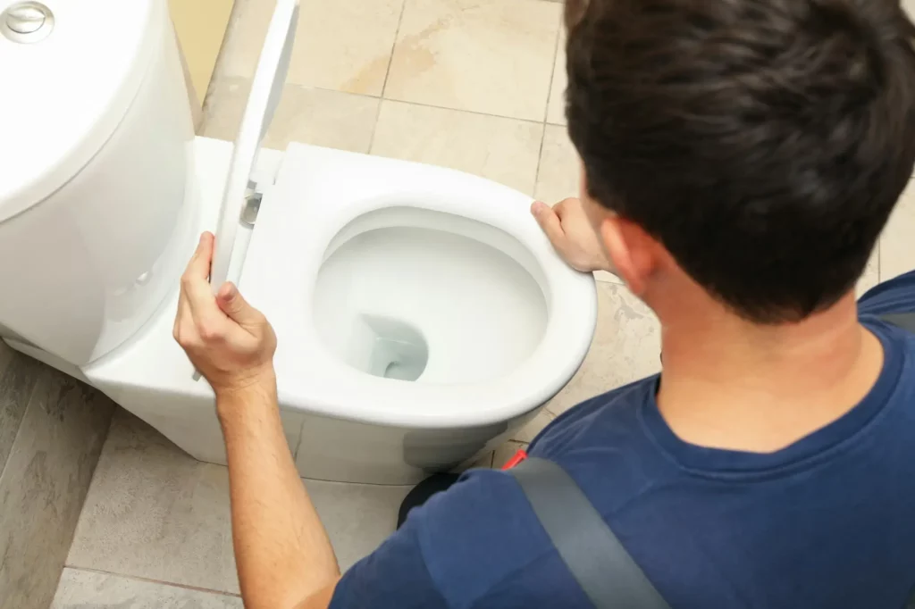 Monteur öffnet den Deckel einer verstopften Toilette